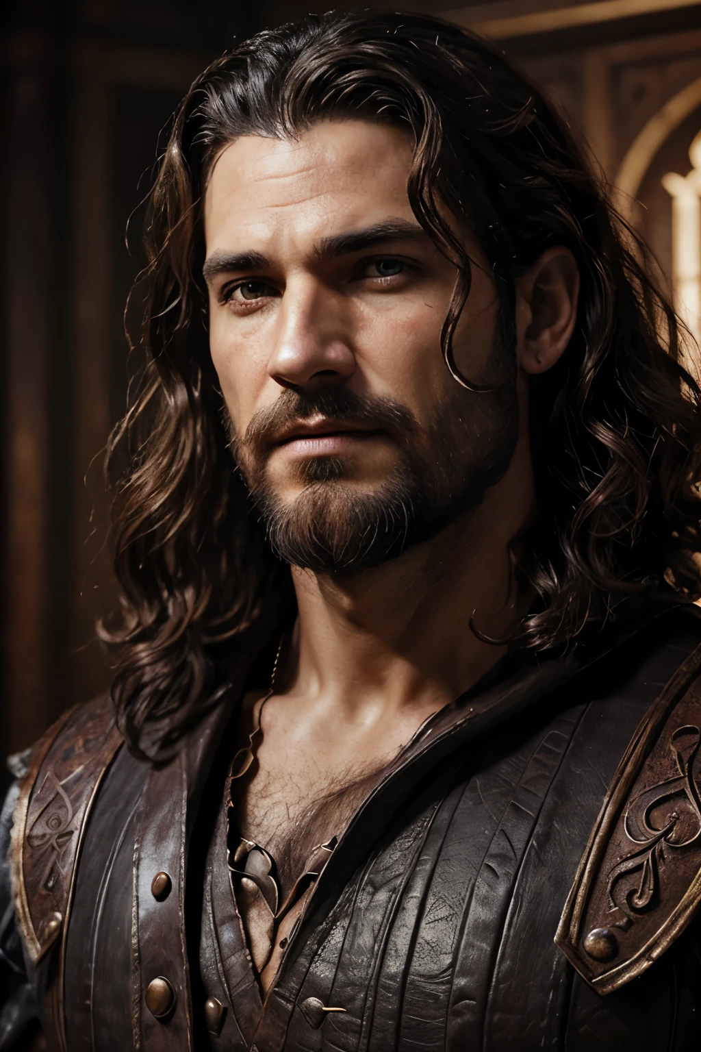 (masterpiece,newest,exceptional:1.2), realistic, best quality, 1man, handsome face, perfect face, wavy curly hair, , fantasy clothing, v shaped jaw, middle age, beautiful face, dark red iris, beard, chaotic evil, berserker/mage dual, baldur's gate 1 portrait