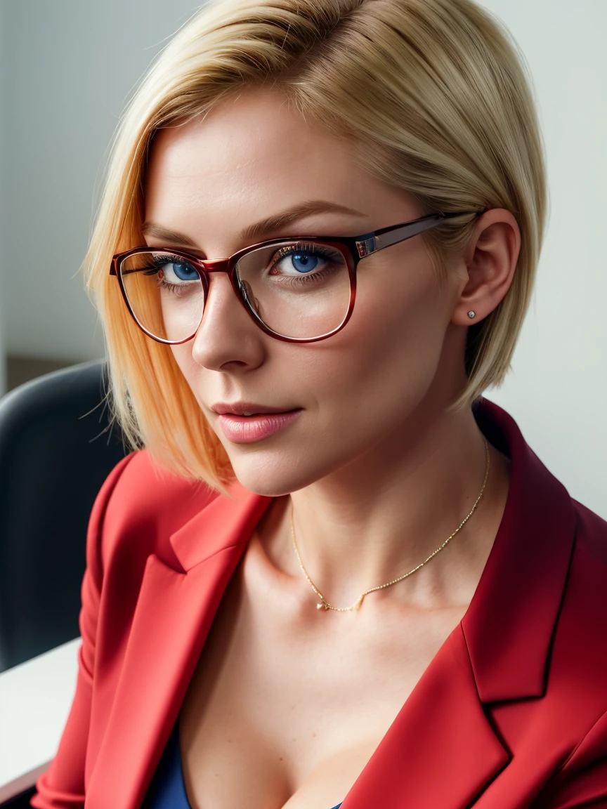 A realistic portrait of a beautiful and charming blonde woman, 30 years old, front view, straight body, face straight, hair tied, hair back, short hair, looking forward, looking at the camera, looking into the camera lens, sitting in an office chair with a headrest, on a white background, white background, red shirt with a neckline, with a large neckline, showing cleavage, red blazer with a neckline, with glasses, blue eyes, captured in ambient light, highly detailed, 8k resolution, cinematic lighting, realism, photorealism, hyperrealism, professional photography, uhd.