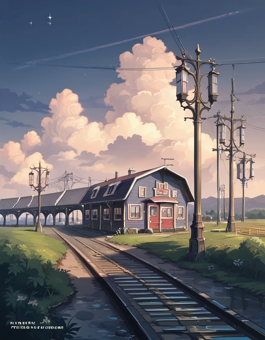 High quality masterpieces, landscapes, clouds, anime train passing water bodies on railway tracks in the distance, bright starry sky. traveler, romantic lights, pixiv, concept art, lofi art style, reflection. Makoto Shinkai, rophy art, beautiful anime scenes, anime scenery, detailed scenery — width 672, Makoto Shinkai's style, Makoto Shinkai's style, enhanced details.  