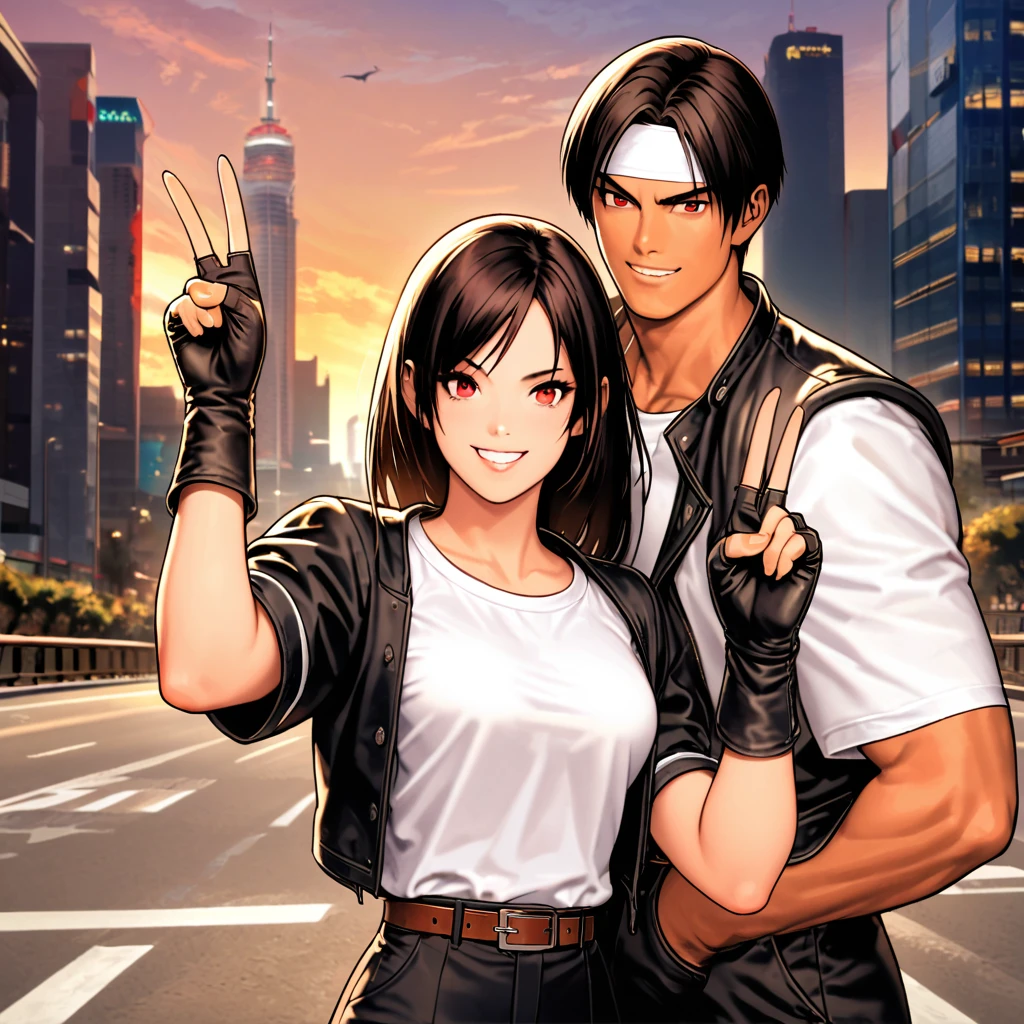 Orochikyo, Dark Skin, Two people, ツーshot, Red eyes, Black jacket, Fingerless gloves, Black Hair, White T-shirt, ((White headband)), Black trousers, White shoes, Brown belt, good looking, shot, Charming, masterpiece, High resolution, Detailed face, Fine Grain, morning, A confident smile, A man and a woman laughing with Kuala Lumpur in the background, Men and women with the same hairstyle and clothes, peace sign。