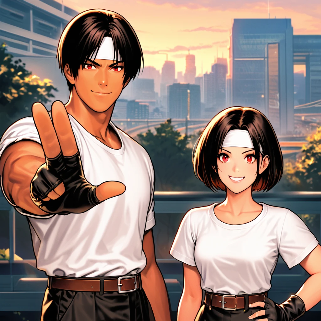 Orochikyo, Dark Skin, Two people, ツーshot, Red eyes, Black jacket, Fingerless gloves, Black Hair, White T-shirt, ((White headband)), Black trousers, White shoes, Brown belt, good looking, shot, Charming, masterpiece, High resolution, Detailed face, Fine Grain, morning, A confident smile, A man and a woman laughing with Kuala Lumpur in the background, Men and women with the same hairstyle and clothes, peace sign。