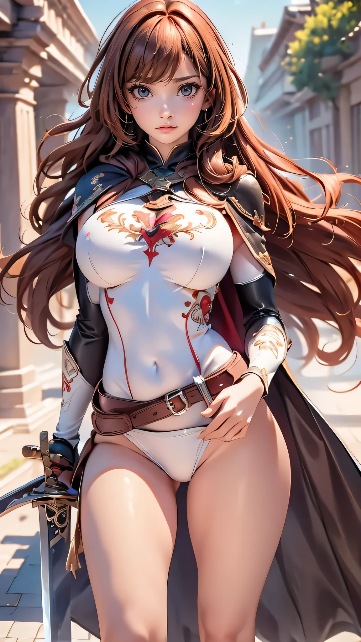 (looking at viewer:2),(1girl,full body,trained abdominal muscles,beautiful breasts,(gigantic breasts),pale skin,(pointy breasts:1.2),erect nipples,sweat,(have a long sword:1.2)),((clothed:1.2),leather boots,(carbon waist-cape armor:1.5),belt sword,(embroidered rash guard:1.5),(long silk sarong:1.2))),(((photo realistic:1.2),high resolution,best quality,masterpiece)),((extra long hair:1.5),hair blowing in the wind,blunt bangs,(extra light coppery red hair,highlight color),hair over one eye),(face forward:1.5,(prepare a sword:1.5),stand with legs apart),(sunlight:1.5)