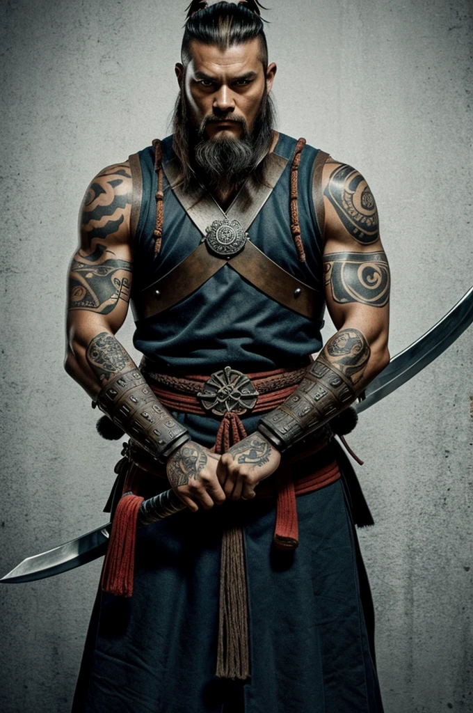 Viking samurai with tattoos on his arms, Barba larga, no comic style hair