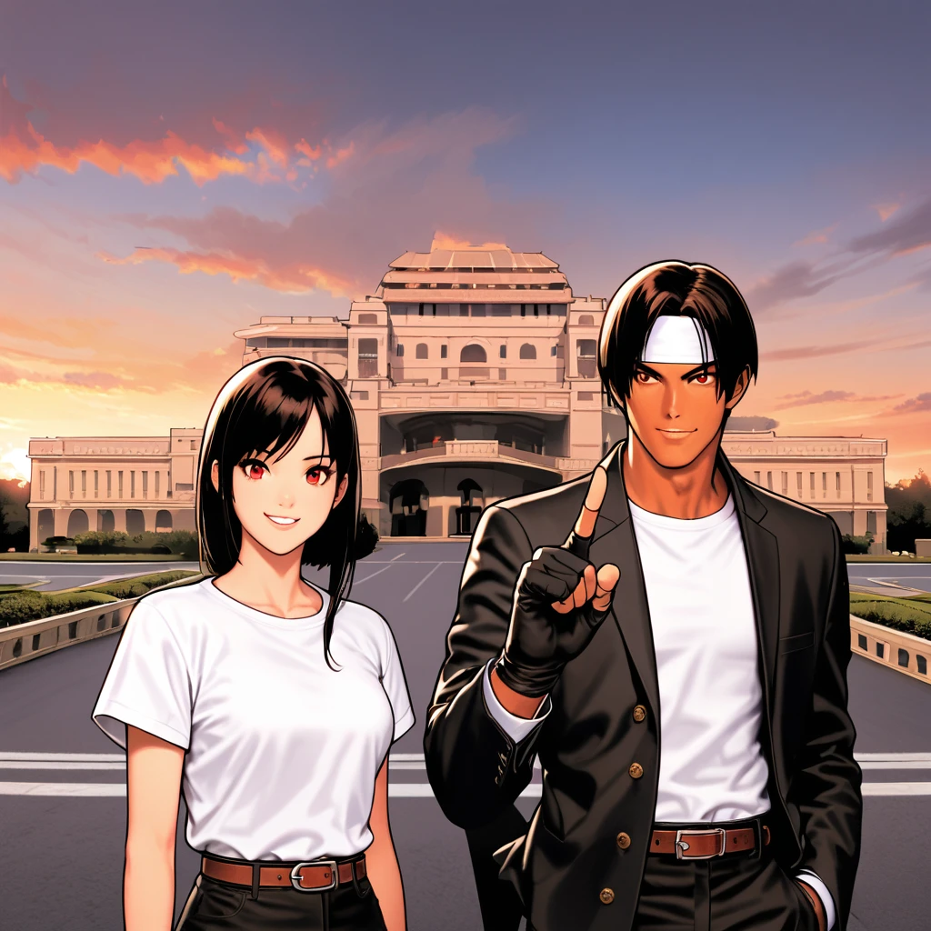 Orochikyo, Dark Skin, Two people, ツーshot, Red eyes, Black jacket, Fingerless gloves, Black Hair, White T-shirt, ((White headband)), Black trousers, White shoes, Brown belt, good looking, shot, Charming, masterpiece, High resolution, Detailed face, Fine Grain, morning, A confident smile, A man and a woman laughing with Putrajaya in the background, Men and women with the same hairstyle and clothes, peace sign。