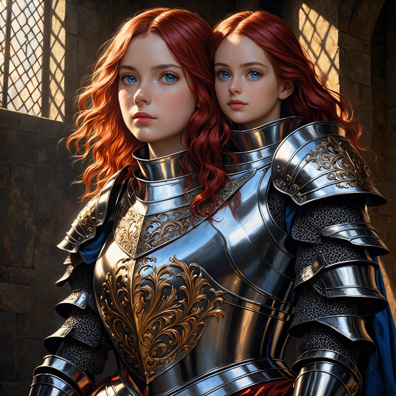 a girl with scarlet hair, azure eyes, wearing a medieval knight's armor, posing heroically, detailed portrait, realistic, photorealistic, 8k, ultra-detailed, masterpiece, oil painting, dramatic lighting, cinematic, atmospheric, french renaissance, chiaroscuro, rich colors, dramatic shadows