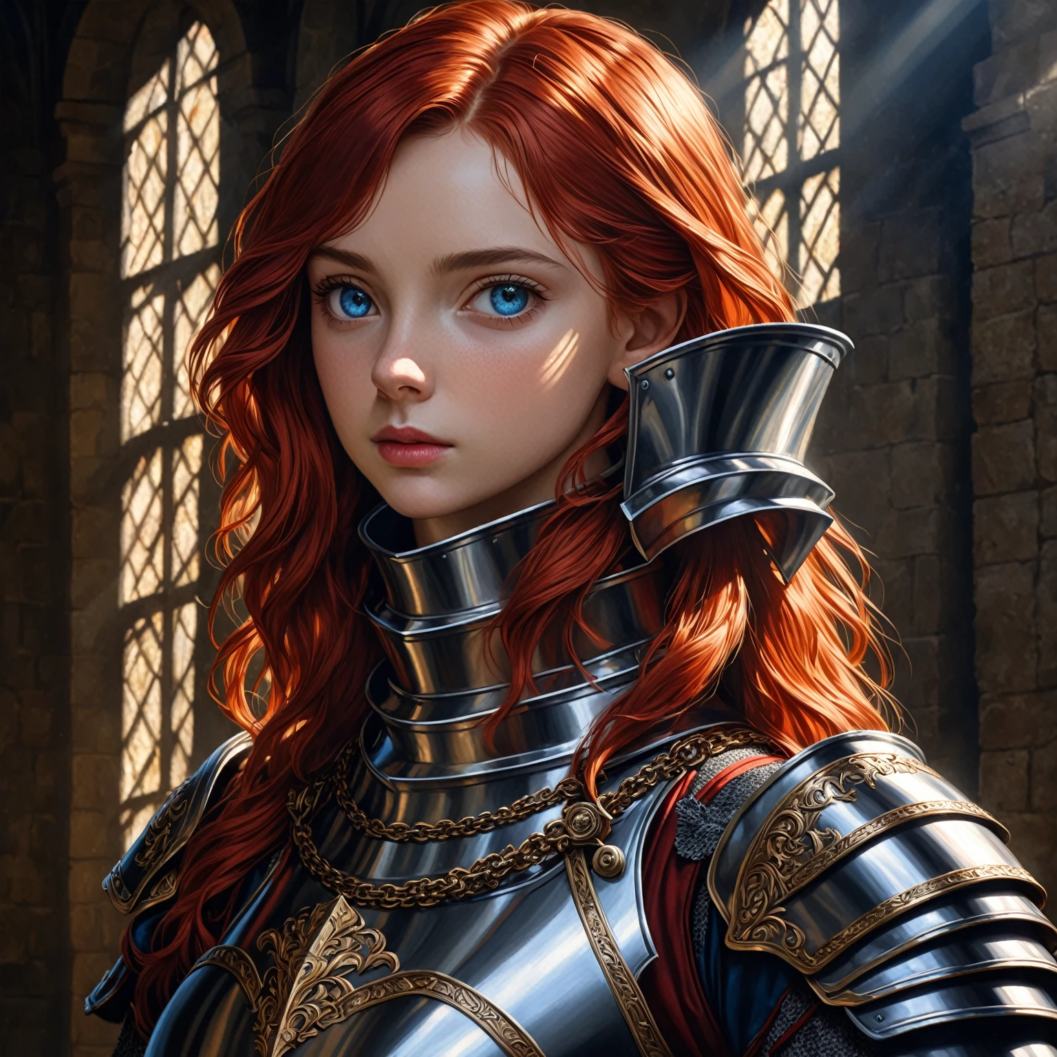 a girl with scarlet hair, azure eyes, wearing a medieval knight's armor, posing heroically, detailed portrait, realistic, photorealistic, 8k, ultra-detailed, masterpiece, oil painting, dramatic lighting, cinematic, atmospheric, french renaissance, chiaroscuro, rich colors, dramatic shadows