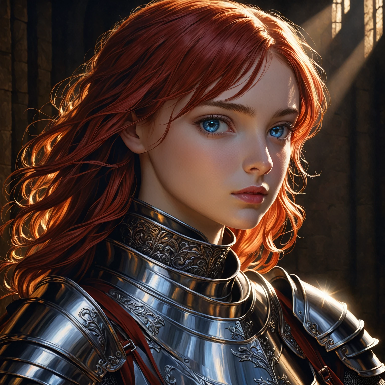 a girl with scarlet hair, azure eyes, wearing a medieval knight's armor, posing heroically, detailed portrait, realistic, photorealistic, 8k, ultra-detailed, masterpiece, oil painting, dramatic lighting, cinematic, atmospheric, french renaissance, chiaroscuro, rich colors, dramatic shadows