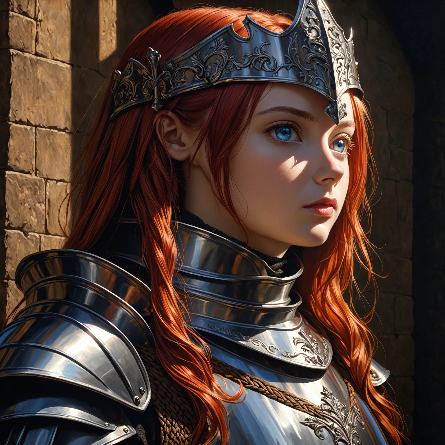 a girl with scarlet hair, azure eyes, wearing a medieval knight's armor, posing heroically, detailed portrait, realistic, photorealistic, 8k, ultra-detailed, masterpiece, oil painting, dramatic lighting, cinematic, atmospheric, french renaissance, chiaroscuro, rich colors, dramatic shadows