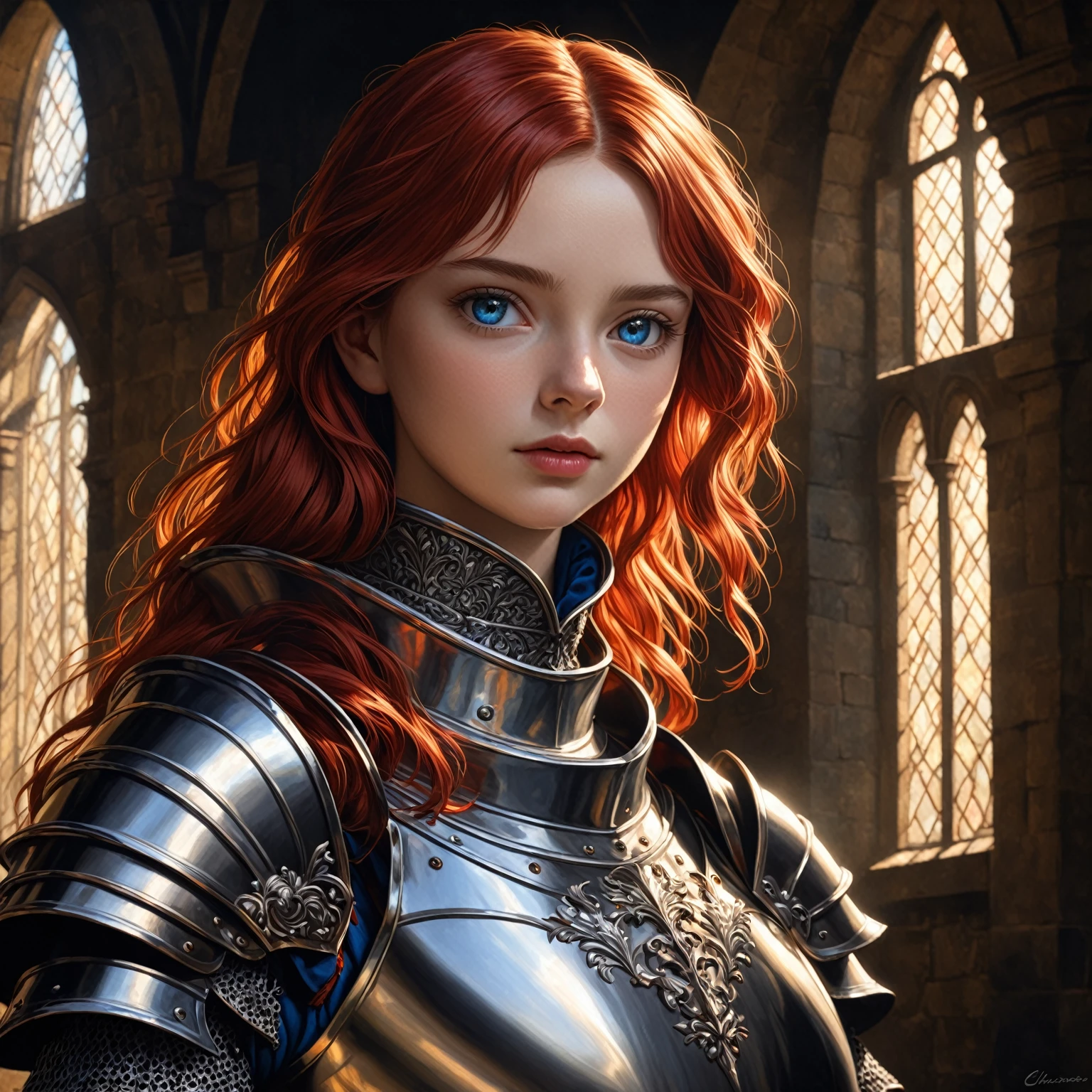 a girl with scarlet hair, azure eyes, wearing a medieval knight's armor, posing heroically, detailed portrait, realistic, photorealistic, 8k, ultra-detailed, masterpiece, oil painting, dramatic lighting, cinematic, atmospheric, french renaissance, chiaroscuro, rich colors, dramatic shadows