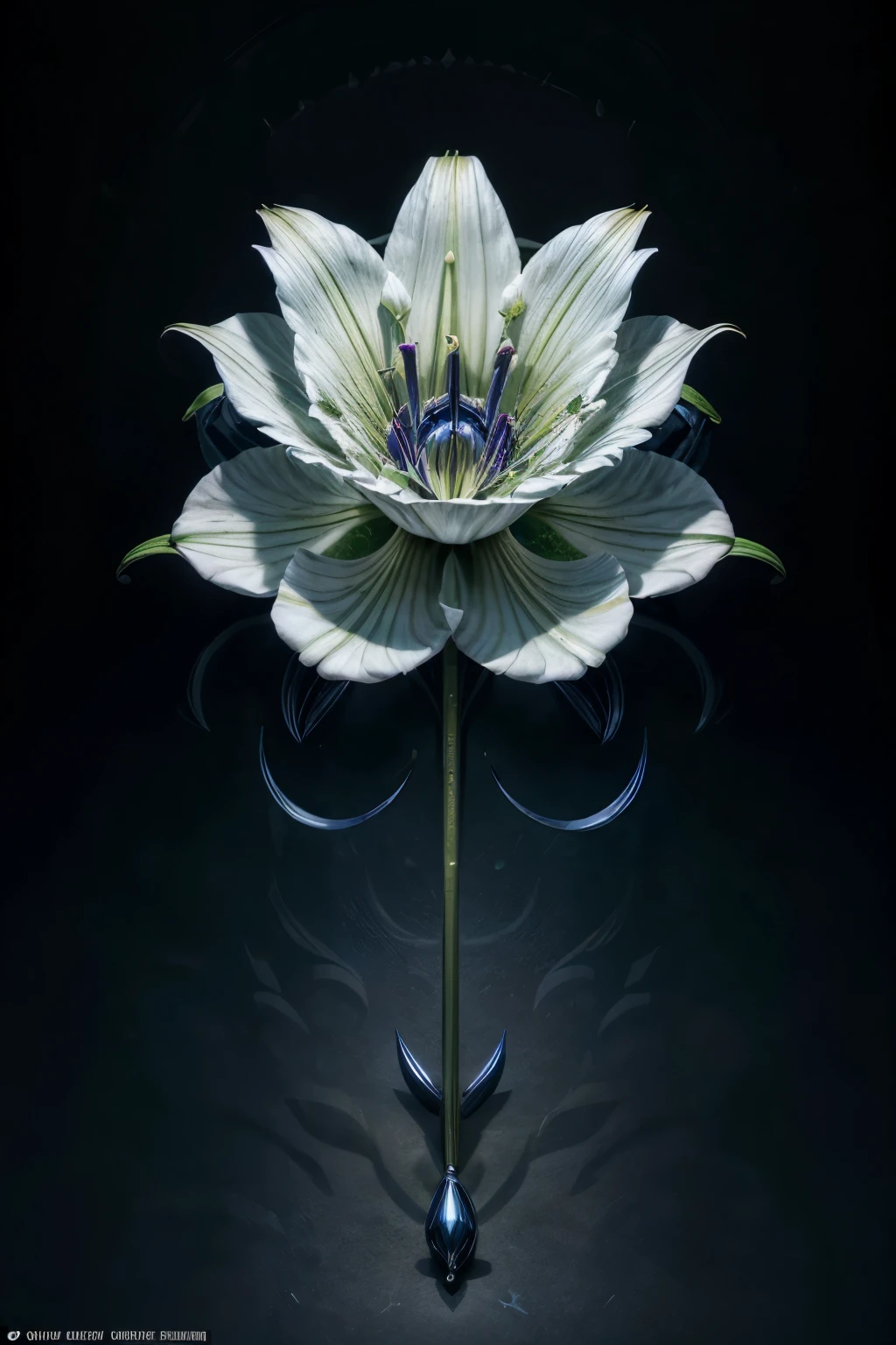detailed metallic blue,ultra detailed,full body,photography of geometrical abstract,beautiful white lily with moon,photorealistic,professional,masterpiece,studio lighting,8k,sharp focus,physically-based rendering,extreme detail description,vivid colors,dramatic lighting,cinematic,elegant,ethereal,mystical,serene,calming,surreal. --ar 9:16 --s 963 --c 9 --q 2 --v 5