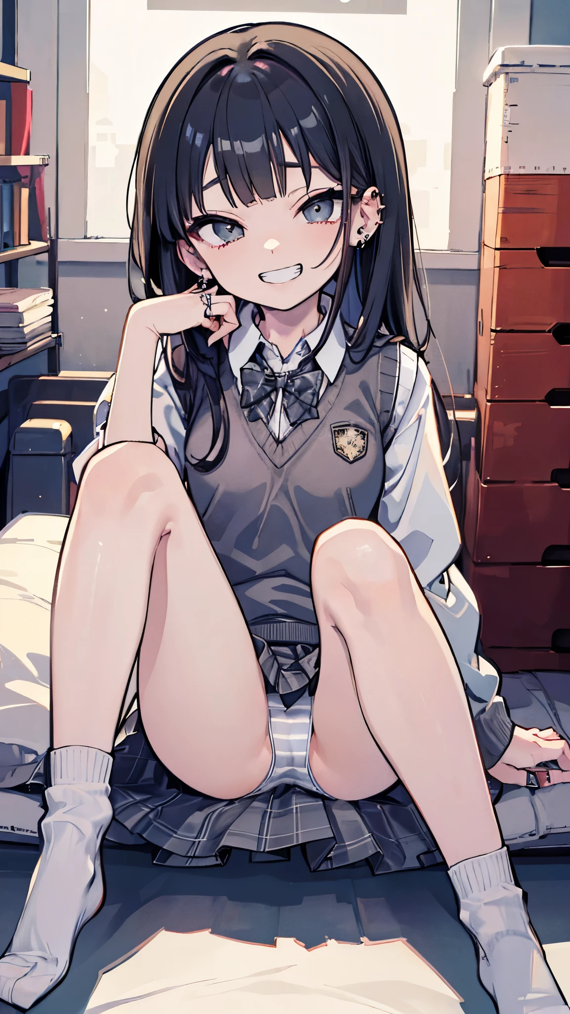masterpiece、Highest quality、Very detailed))、One girl、Black Hair、Long Hair、blunt bangs、Grey Eyes、evil smile、((Grin))、((lots of piercings))、((Small breasts))、((White collared shirt))、((gray sweater vest))、((gray plaid skirt))、((stripe panties))、socks、sitting、((knees up:1.5))、((open legs:1.5))、Gym storeroom