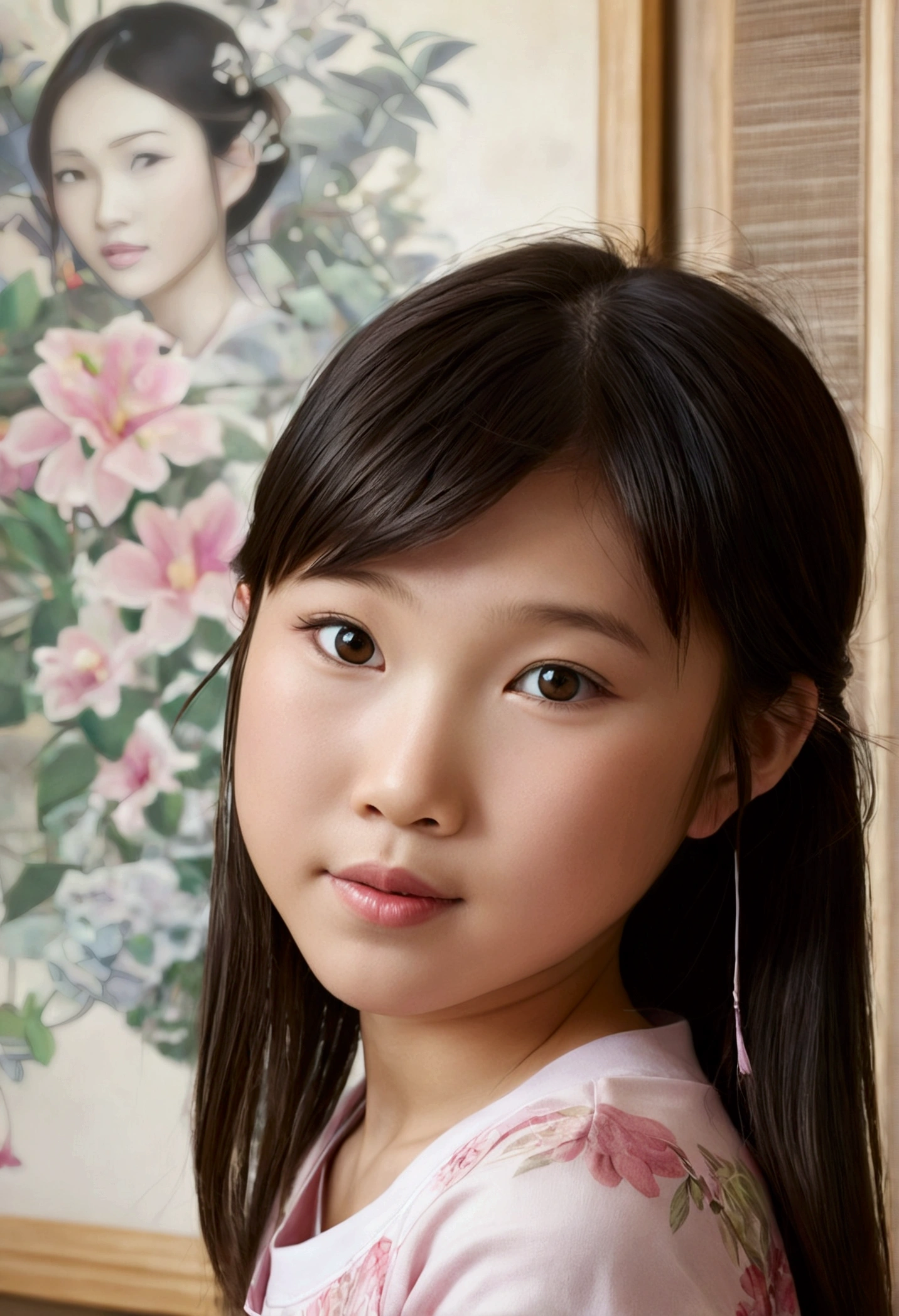 an ultra realistic girl, a little Asian with a cute and naughty face, photograph in art portrait format