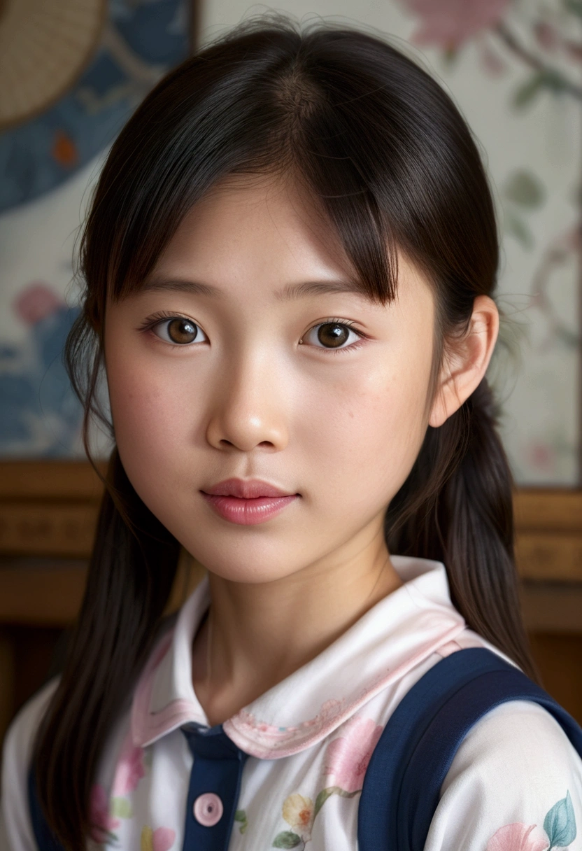 an ultra realistic girl, a little Asian with a cute and naughty face, photograph in art portrait format