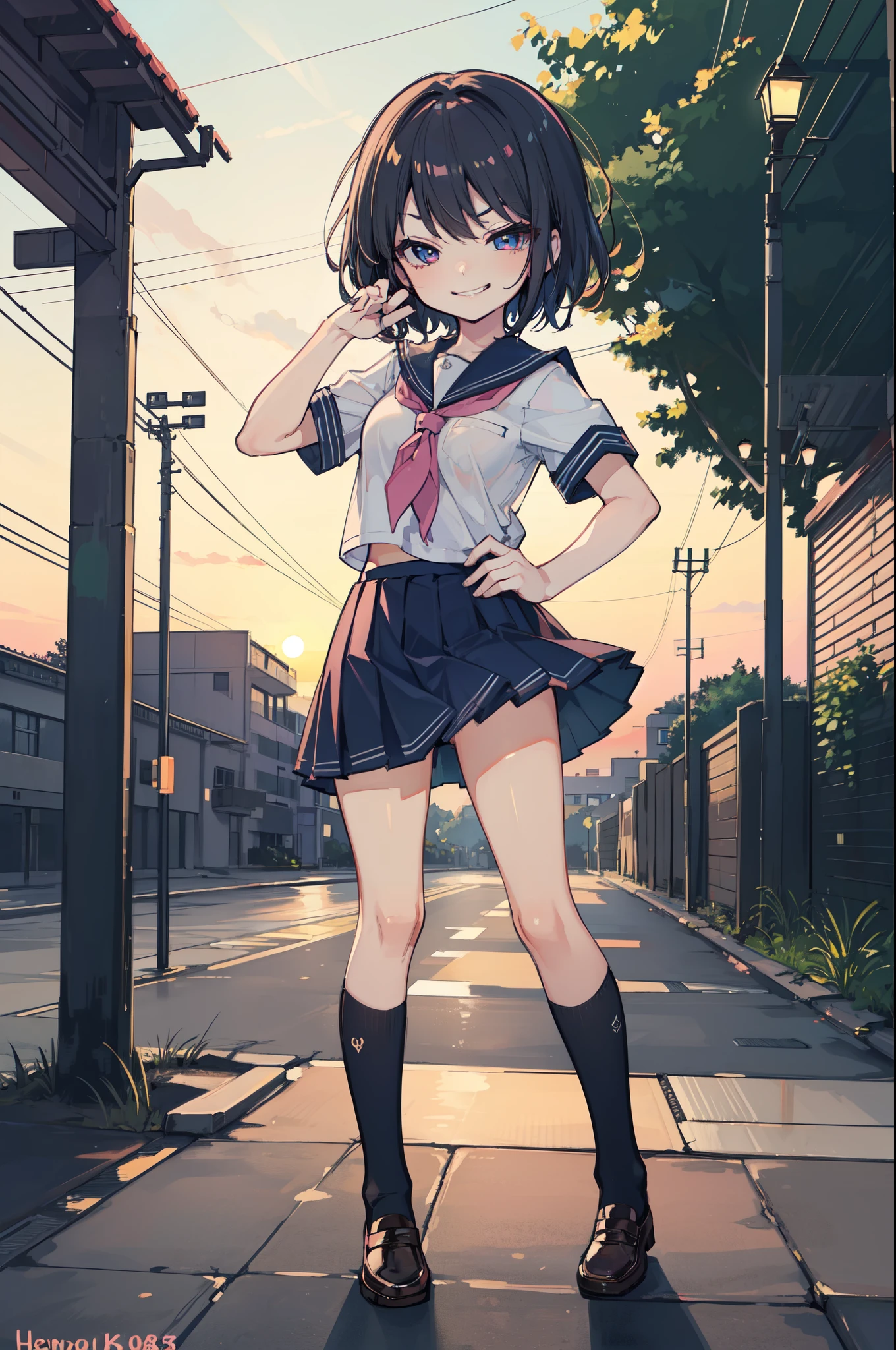 (hentai:1.1), (Ideal:1.1), (perfect:1.1), (flawless:1.1), (highest quality:1.2), (best quality:1.2), sunset, 1girl, kawaii, (school uniform:1.1), cute girl, (little girl:1.2), (child:1.2), (loli:1.2), (naughty smirk:1.2), lewd pose, detailed body, huge breasts, short hair, highly detailed eyes, highest quality eyes, 4K, highest quality resolution, best quality resolution, best quality upscale,