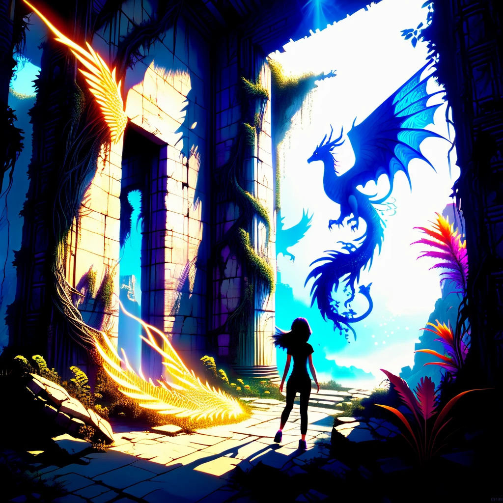 Woman exploring an ancient, overgrown ruin with hidden magical elements and mythical creatures like dragons and phoenixes.