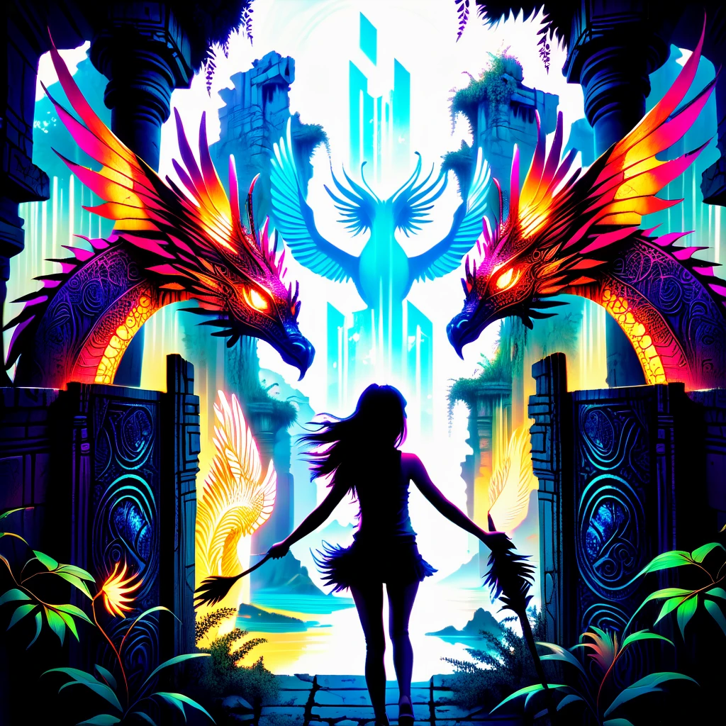 Woman exploring an ancient, overgrown ruin with hidden magical elements and mythical creatures like dragons and phoenixes.