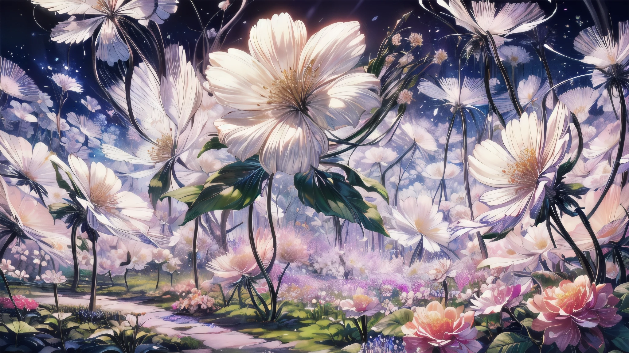 absurdities, high resolution, (official art, beautiful and aesthetic:1.2), (close view:1.2), Frontal composition,
1 girl, (by the wide:1.2), gray hair, wavy fur, smile,
(throughout the flower garden:1.6), (floral effects:1.2), (floral background:1.2), (background full of flowers:1.4), (Eye-catching background:1.1),