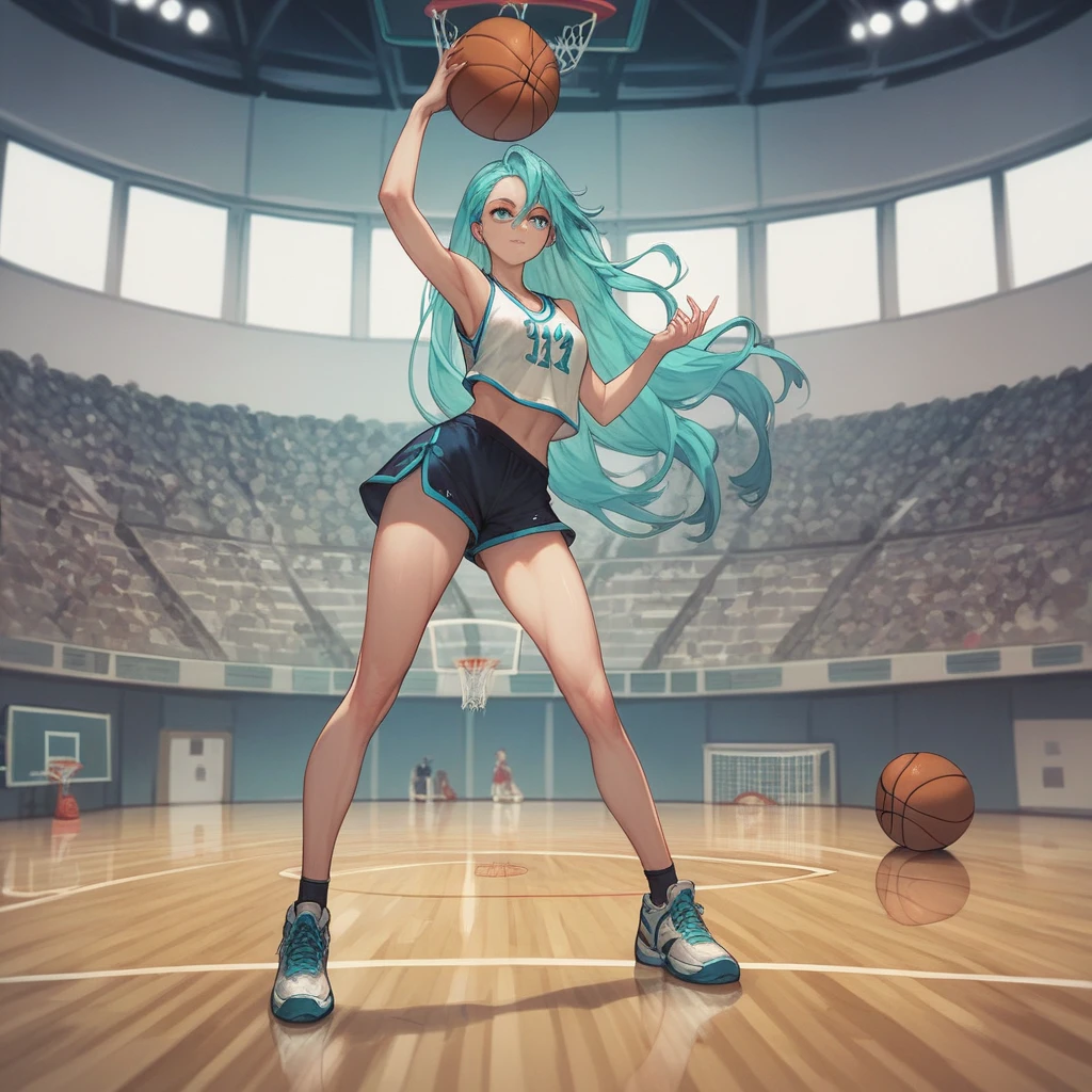 anime style, high quality, 1girl, full body, long hair, aqua hair, aqua eyes, pale, thin,  basketball, playing, indoor, ball, slamdunk