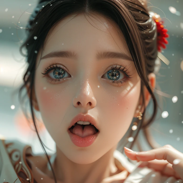ExtremelyDetailed Kawaii girl Face,(Close-up big lips), glossy lips with beautiful details, Coquettish tongue, Kissing to camera, towards the viewer, 8K TopQuality masterpiece,an extremely delicate and beautiful (ProfessionalPhoto:1.37), Amazing,finely detail,official art,incredibly absurdres,ultra-detailed,close-up shot, close up, (fish eye lens), wide lens, macro lens, Detailed brilliant reflective Eyes ElaboratePupils with (sparkling highlights:1.28) (Delicate Voluminous LongEyelashes:0.88), (offshoulder Dripping juice on tongue) snow particles