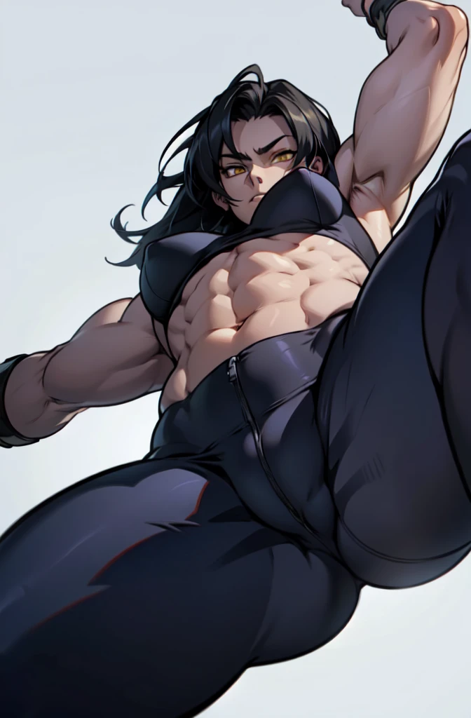 1girl pale skin muscular toned body black hair yellow eyes long hair huge muscles leggings muscles simple background ((from below)) breasts