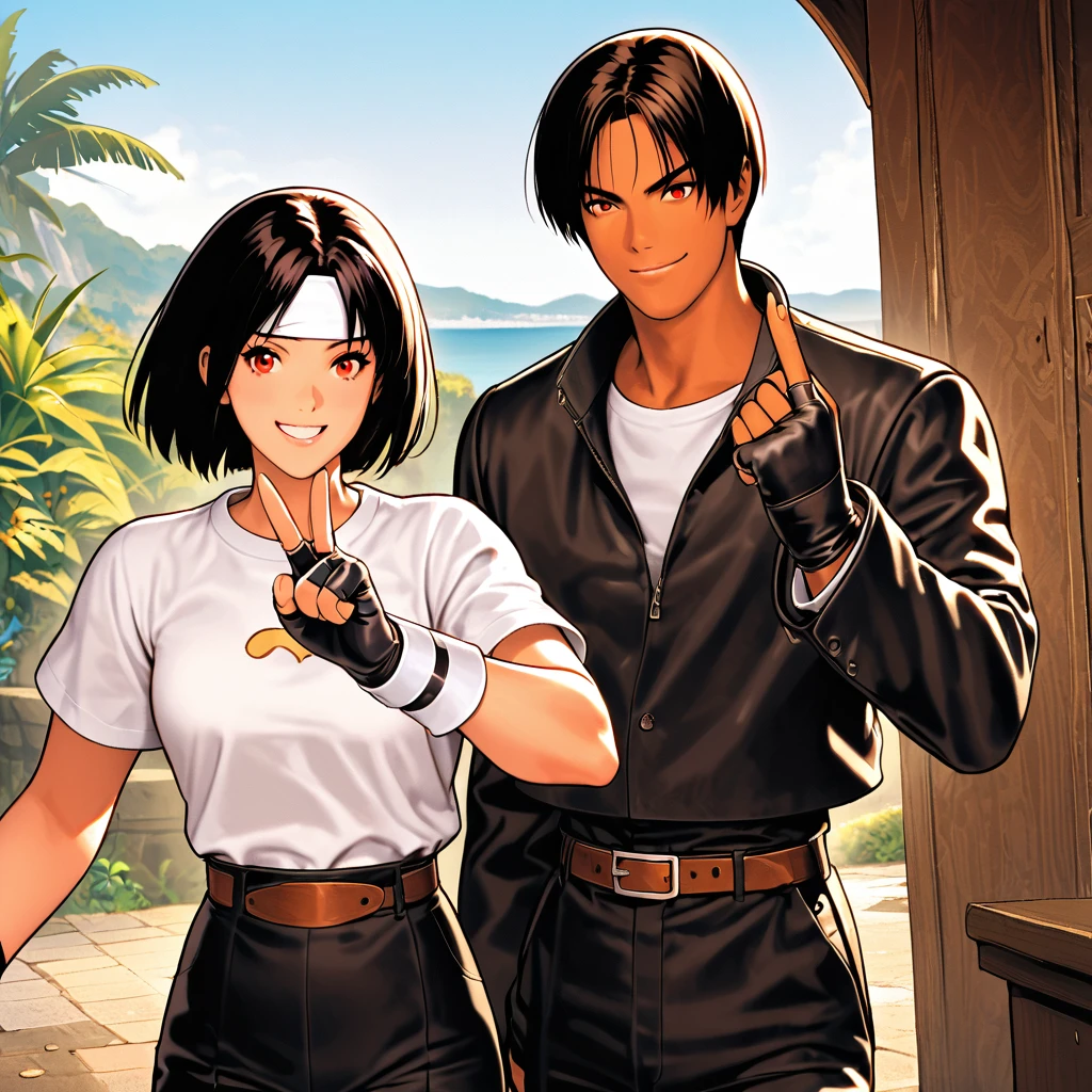 Orochikyo, Dark Skin, Two people, ツーshot, Red eyes, Black jacket, Fingerless gloves, Black Hair, White T-shirt, ((White headband)), Black trousers, White shoes, Brown belt, good looking, shot, Charming, masterpiece, High resolution, Detailed face, Fine Grain, morning, A confident smile, A man and woman laughing with Talofofo Falls in Guam in the background, Men and women with the same hairstyle and clothes, Making a peace sign。