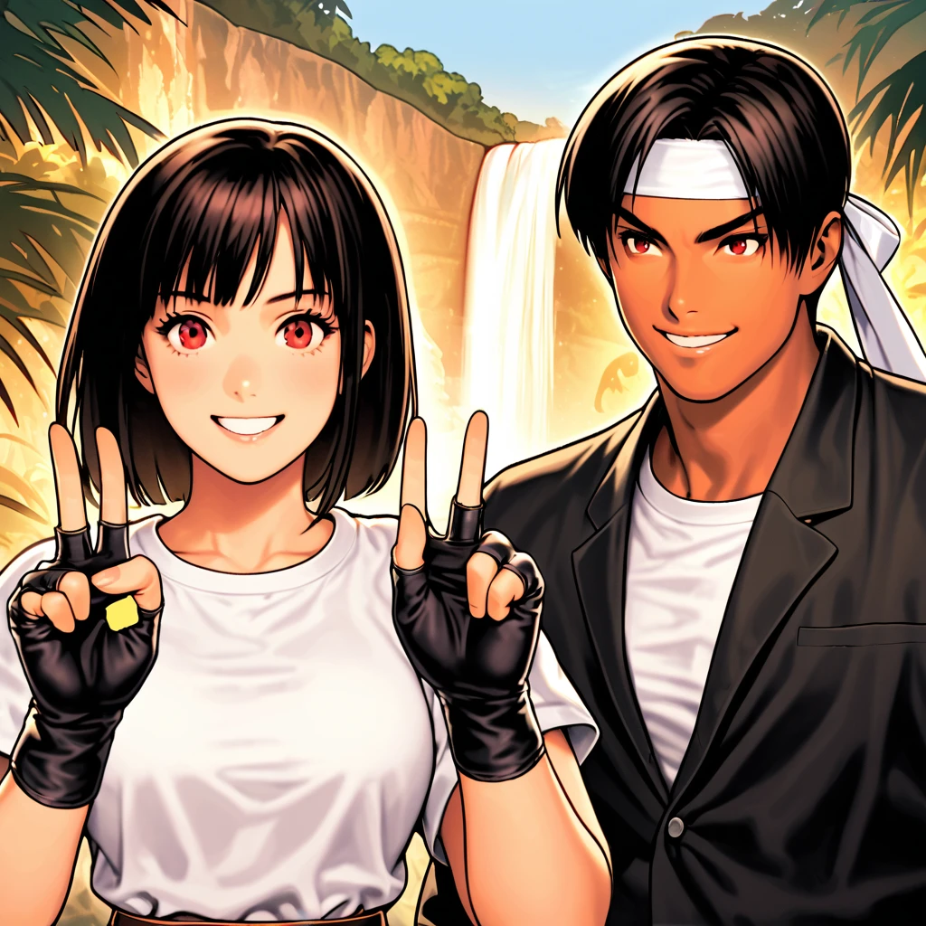 Orochikyo, Dark Skin, Two people, ツーshot, Red eyes, Black jacket, Fingerless gloves, Black Hair, White T-shirt, ((White headband)), Black trousers, White shoes, Brown belt, good looking, shot, Charming, masterpiece, High resolution, Detailed face, Fine Grain, morning, A confident smile, A man and woman laughing with Talofofo Falls in Guam in the background, Men and women with the same hairstyle and clothes, Making a peace sign。