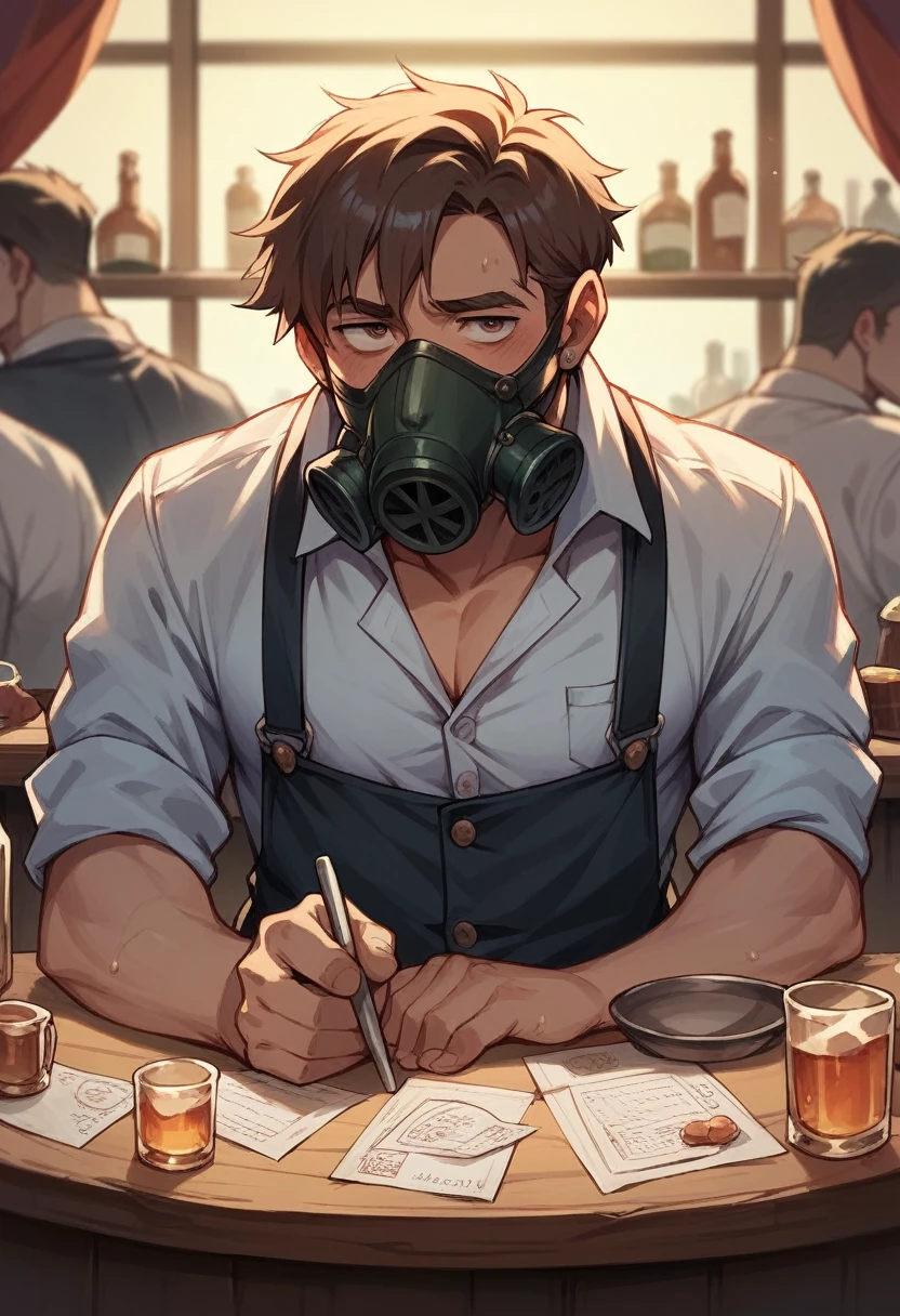 create a character with a gas mask covering his head and a bartender's outfit on the rest of his body?