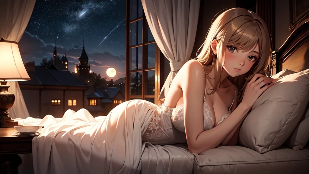 A sensuously disheveled woman reclines in bed, draped in a delicate baby doll nightgown. Her gaze, filled with longing, fixates on the luminous moon and star-studded sky beyond her window. Bathed in soft, indirect lighting, the scene exudes an aura of warmth and desire. This striking image, possibly a painting or photograph, showcases the woman's beauty amidst the tranquil nighttime setting, capturing a moment of intimate contemplation and quiet elegance. Rich in warm colors and evocative details, this high-quality composition immerses viewers in a world of romantic allure.