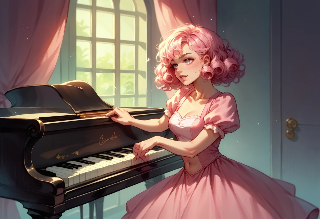 Woman in pink dress, with an upper part of a cut roza quatizo at the level of the navel, and big, pink curly hair,playing the piano in a pink cotton candy environment.