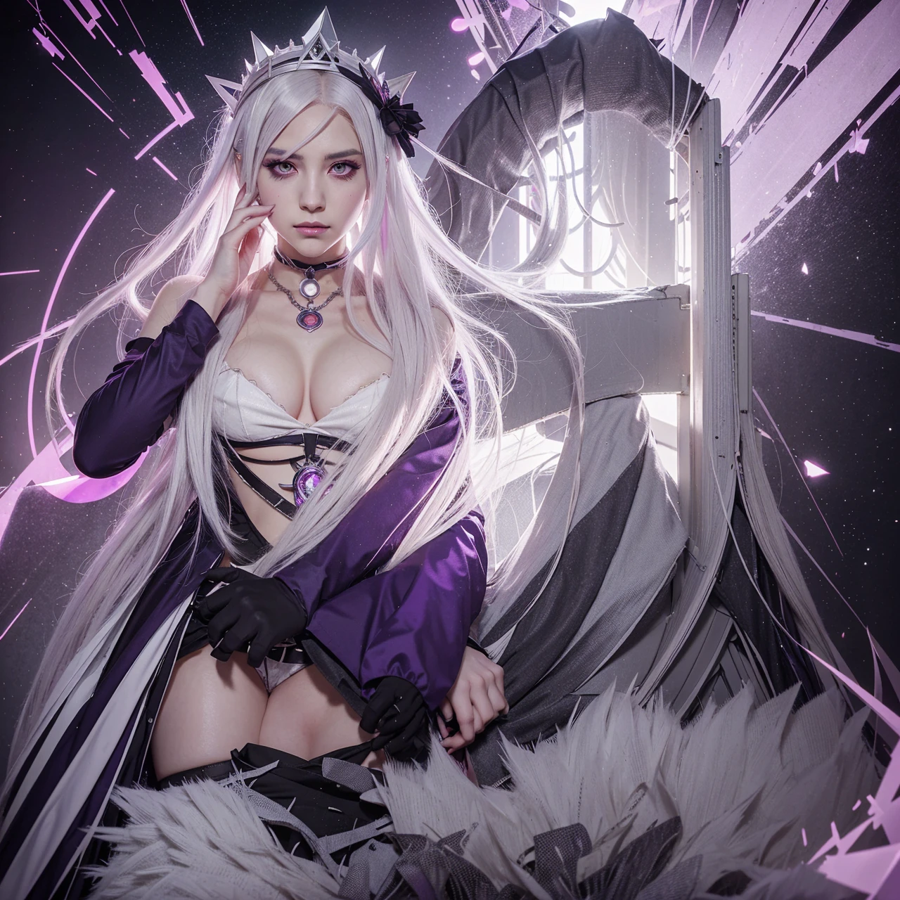 
anime girl with white hair and purple eyes wearing a crown, digital art from danganronpa, kda, unknown artstyle, :: rossdraws, omen from valorant, portrait of jinx from arcane, trigger anime artstyle, high quality fanart, by Ei-Q, discord profile picture, sombra from overwatch, by Puru