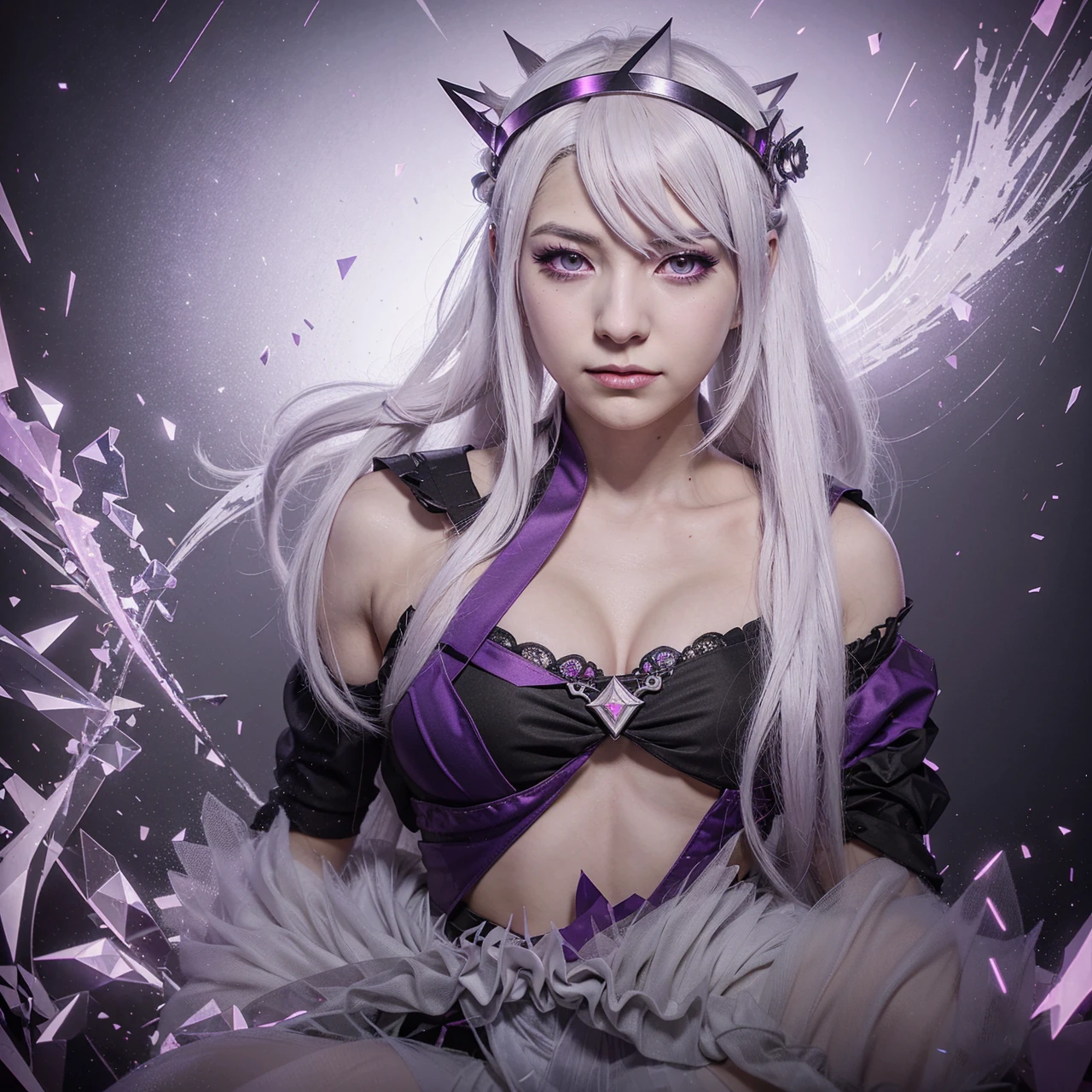 anime girl with white hair and purple eyes wearing a crown, digital art from danganronpa, kda, unknown artstyle, :: rossdraws, omen from valorant, portrait of jinx from arcane, trigger anime artstyle, high quality fanart, by Ei-Q, discord profile picture, sombra from overwatch, by Puru