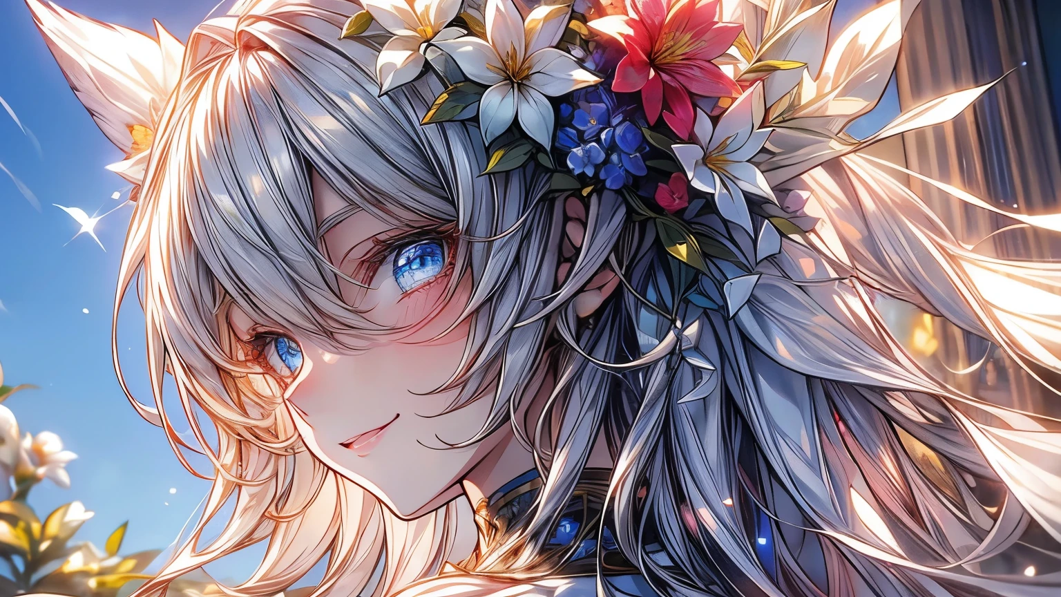 White background,In an incredibly beautiful flower garden,bright sun,((masterpiece:1.4,Best Quality))+,(hyper detail)+,(very detailed eyes)+,(very detailed hair)+,light blue eyes,Smiling girl,closeup of smile