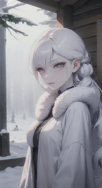 Frozen, misty Forest, ancient being, winter, snow, winter witch pale skin, purple eyes, eyes in the fog, regal appearance, cabin,