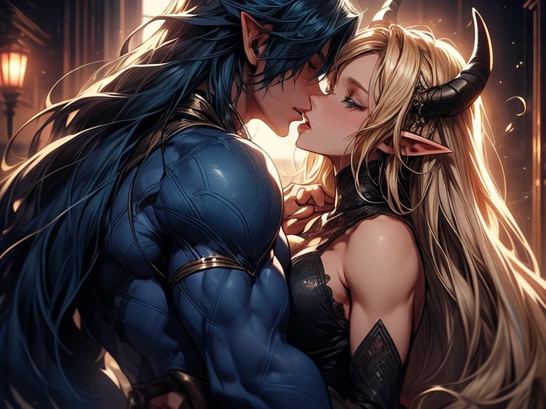 (female blonde elf and male dark blue haired elf) (male elf with big muscles and long dark blue hair) a tall long haired male elf with dark blue long hair and big muscles and demon horns kisses a female blonde elf, tongue kiss, lovers, intense kiss 