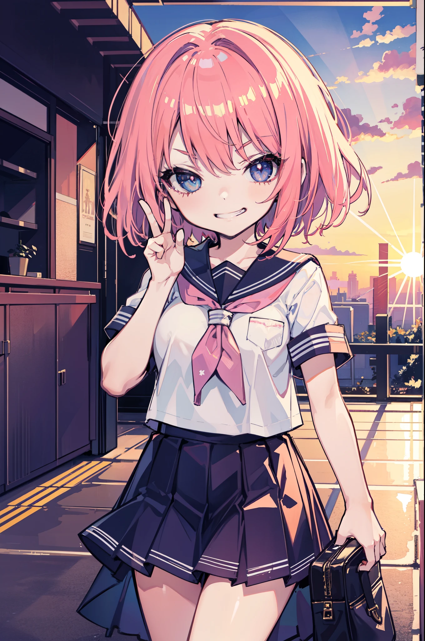 (hentai:1.1), (Ideal:1.1), (perfect:1.1), (flawless:1.1), (highest quality:1.2), (best quality:1.2), sunset, 1girl, kawaii, (school uniform:1.1), cute girl, (:1.2), (child:1.2), (loli:1.2), ghty smirk:1.2), lewd pose, detailed body, huge breasts, short hair, highly detailed eyes, highest quality eyes, 4K, highest quality resolution, best quality resolution, best quality upscale,