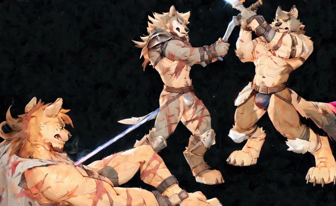 Sexy young anthro furry wolfes male mercenary medieval soliders duel, slim slim muscular, anthro handsome gay shorter muzzles, handsome gay model male apperance, toned muscules, two soliders fighting they are fighting with swords, they hate each other, they are fighting fiercely, swords are hitting each other, swords are crossed, they are holding swords in their paws, they are angry, they are fighting furiously, brutal sword fight, black background, one wolf lies in the lower left corner dying wounded with a sword stuck in his chest, sword scars, worn out leather skimpy armament, low on hips heavy leather belt, old very worn out skimpy dirty linen material jockstrap, old yellow dirty worn out stains on old worn out leather jockstrap, studded skimpy armlets breastplate armor, skimpy breastplate, leather bondages, fingerless leather gloves, smelly unwashed husk, dirty body look, desert battlefield, standing in sexy fighting position, close view of full character, blooded husk, blooded sword, brutal war, proffesional digital art, proffesional furry gay art, 8k.