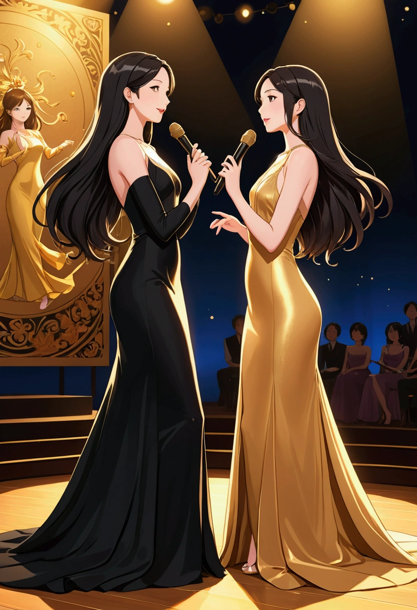 TWO beautiful women in Anime Illustration style, deeply in love. One with long, straight brown hair, delicate British features, dressed in a beautiful, long, elegant, tight, floor-length black dress, and the other is Asian, with long, straight black hair, dressed in a tight, elegant, floor-length gold dress. They are on a stage singing together. They are radiant and happy. illustration, 3d render, photography, realistic, anime, photography. , poster, fashion, portrait photography