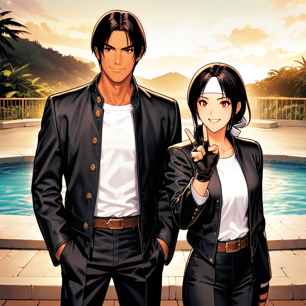 Orochikyo, Dark Skin, Two people, ツーshot, Red eyes, Black jacket, Fingerless gloves, Black Hair, White T-shirt, ((White headband)), Black trousers, White shoes, Brown belt, good looking, shot, Charming, masterpiece, High resolution, Detailed face, Fine Grain, morning, A confident smile, A man and woman laughing with the Inarajan Village natural pool in the background in Guam, Men and women with the same hairstyle and clothes, Making a peace sign。