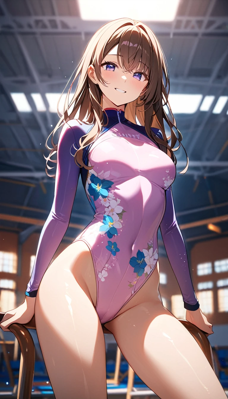 highquality illustration, masterpiece, very delicate and beautiful, attractive girl,(gymnastics leotard, Floral patterns leotard,long_sleeve leotard,high_leg leotard,athletic leotard,tight-fit leotard),thin,slender body,slim,high school,gymnasium background,gymnastics club,gymnastics athlete,princess, beautiful eyes,light smile,(masterpiece, best quality:1.2), highres, extremely detailed CG unity 8k wallpaper, perfect lighting, Colourful, ultra-high res,4K,ultra-detailed, photography, 8K, HDR, ages,