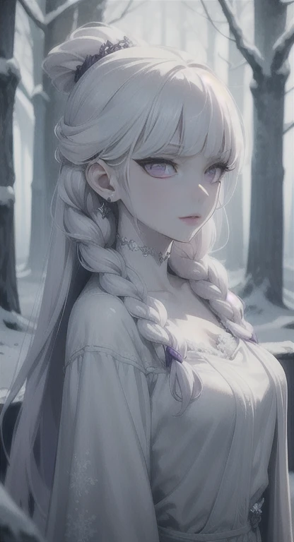 Frozen, misty Forest, ancient being, winter, snow, winter witch pale skin, purple eyes, eyes in the fog, regal appearance, cabin,