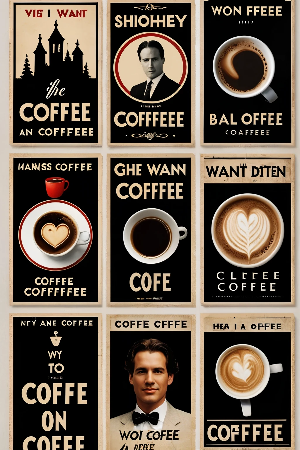 Sent by you:
I want to make some poster for one of my friends. I don't know him well but I know he interested in coffee and coffee shop. Also he loves classic and mystery movies. can you help me with generating some creatively poster?