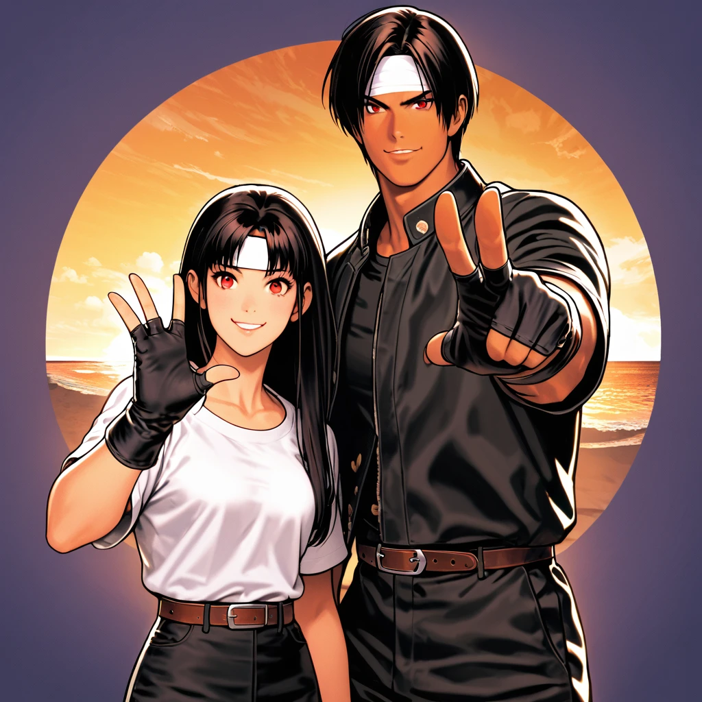 Orochikyo, Dark Skin, Two people, ツーshot, Red eyes, Black jacket, Fingerless gloves, Black Hair, White T-shirt, ((White headband)), Black trousers, White shoes, Brown belt, good looking, shot, Charming, masterpiece, High resolution, Detailed face, Fine Grain, morning, A confident smile, A man and woman laughing with Ypao Beach in Guam in the background, Men and women with the same hairstyle and clothes, Making a peace sign。
