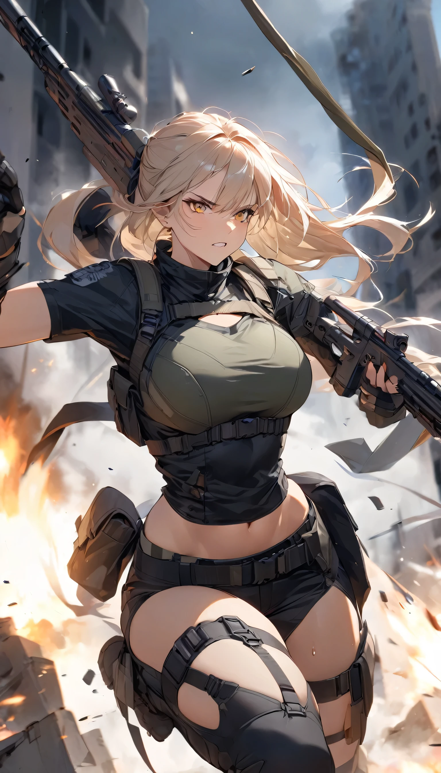 attractive tactical girl wearing skimpy tactical gear. She should have a confident and fierce expression, with her outfit highlighting her agility and strength. The background should depict an urban or battlefield setting, adding a sense of intensity and action. Emphasize her readiness and combat skills while maintaining an alluring appearance. Tactical, Female Warrior, Urban Combat, Action, Skimpy Outfits, Intensity, Battlefield.
