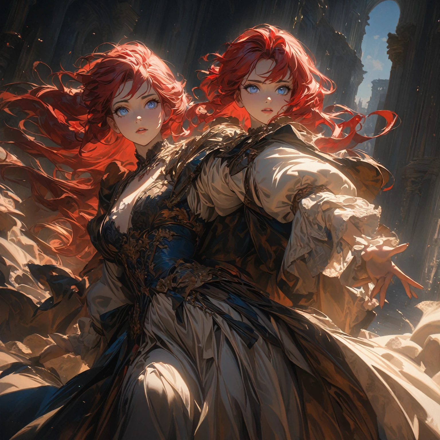 a girl with scarlet hair, azure eyes, posing heroically, 8k, ultra-detailed, masterpiece, oil painting, dramatic lighting, cinematic, atmospheric, french renaissance, chiaroscuro, rich colors, dramatic shadows