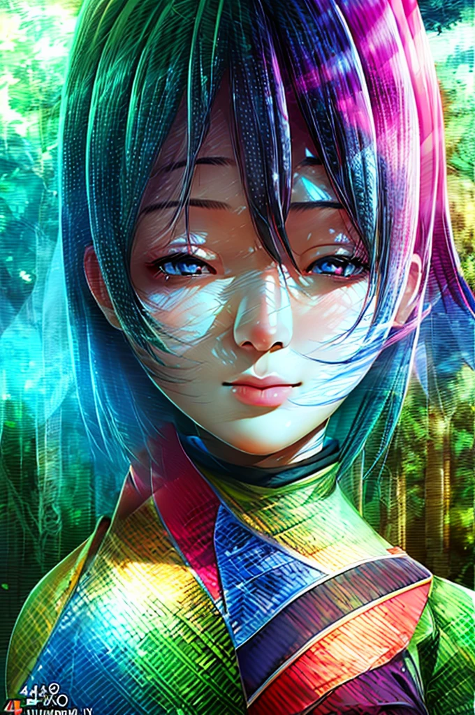 kunoichiazami, 1girl, smiling, peace sign, forest, colorful, sunny, detailed face, detailed eyes, detailed lips, beautiful detailed eyes, beautiful detailed lips, extremely detailed face, extremely detailed eyes, long eyelashes, illustration, digital painting, (best quality, 4k, 8k, highres, masterpiece:1.2), ultra-detailed, (realistic, photorealistic, photo-realistic:1.37), vivid colors, studio lighting, sharp focus, physically-based rendering, professional