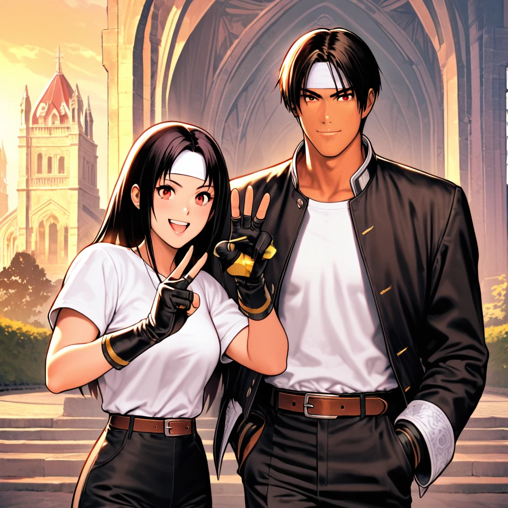 Orochikyo, Dark Skin, Two people, ツーshot, Red eyes, Black jacket, Fingerless gloves, Black Hair, White T-shirt, ((White headband)), Black trousers, White shoes, Brown belt, good looking, shot, Charming, masterpiece, High resolution, Detailed face, Fine Grain, morning, A confident smile, A man and woman laughing with the Cathedral of Our Lady of Guam in the background, Men and women with the same hairstyle and clothes, Making a peace sign。