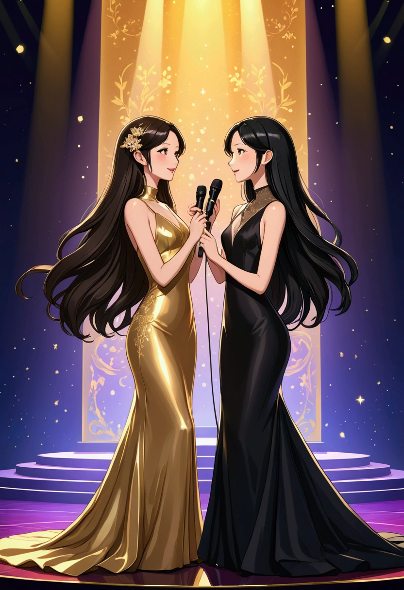 TWO beautiful women in Anime Illustration style, deeply in love. One with long, straight brown hair, delicate British features, dressed in a beautiful, long, elegant, tight, floor-length black dress, and the other is Asian, with long, straight black hair, dressed in a tight, elegant, floor-length gold dress. They are on a stage singing together. They are radiant and happy. illustration, 3d render, photography, realistic, anime, photography. , poster, fashion, portrait photography