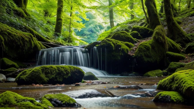 mossy rock、Forest Stream、Waterfall visible in the distance、Sunlight filtering through the leaves、View from the riverside、Crystal clear water surface、Realistic high-definition depiction、The murmur of the forest、Sunlight filtering through the trees