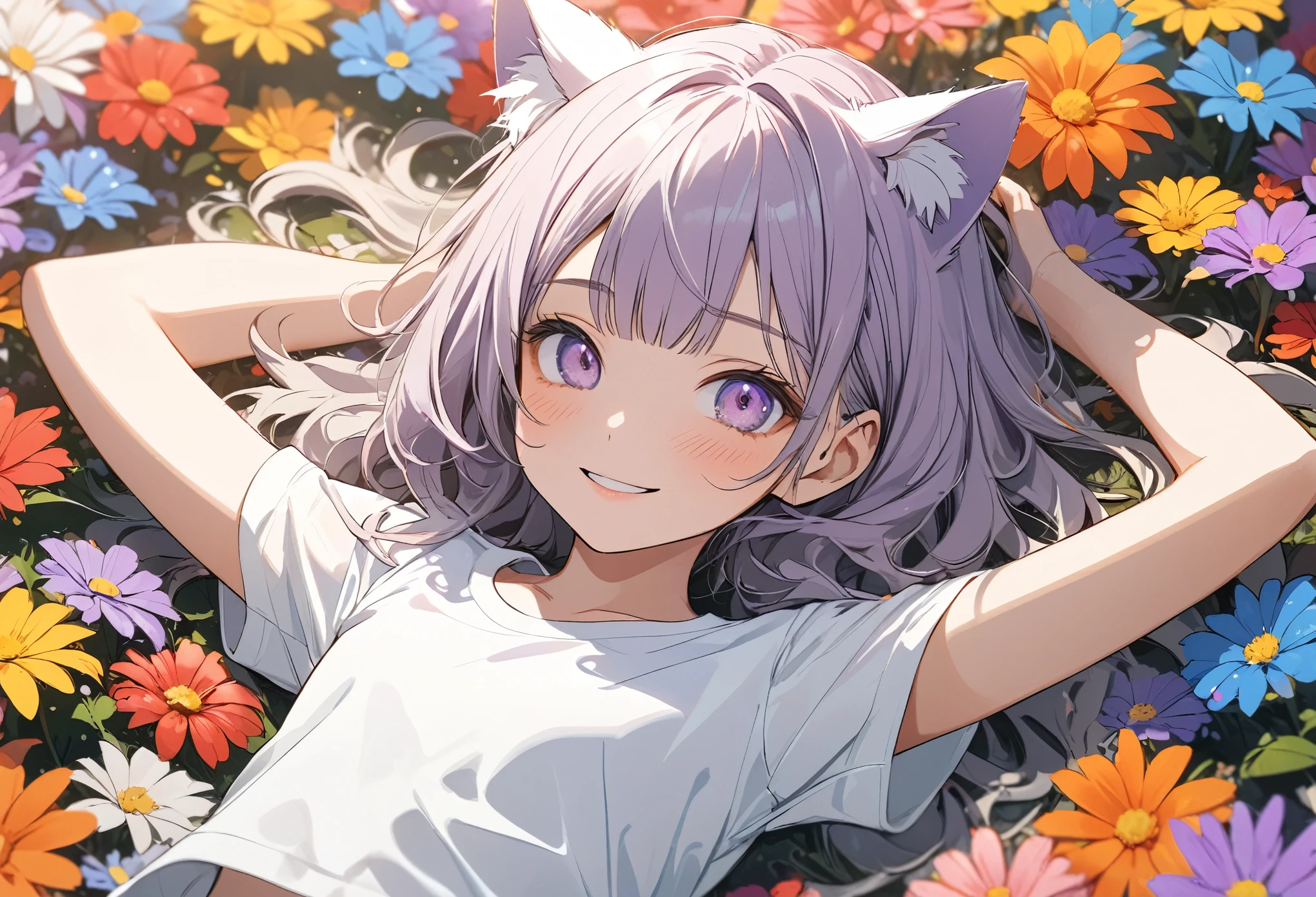 ((Masterpiece)), ((best quality)), (flat color), (flat shading), (super detail:1.2), (High Definition:1.3), ((extremely detailed)), (8K), (Professional Photography:1.2), (very aesthetic:1.2), (absurdres:1.2), (sharp focus), (perfect light), from above, ((12 years old)), (1girl), cute young girl, Textured skin, loose blunt bangs, (messy medium hair), (naughty smile and blush), glitter eyes, cute makeup, Beautiful collarbone, cute navel, (Healthy body), (Slender body), open arms wide, (small chest), cat ears, pale purple hair, ((Very loose chested T-shirt)), thin T-shirt, wearing dolphin shorts, ((lie down on the Beautiful colorful flower fields)), petals, Beautiful colorful flower fields,