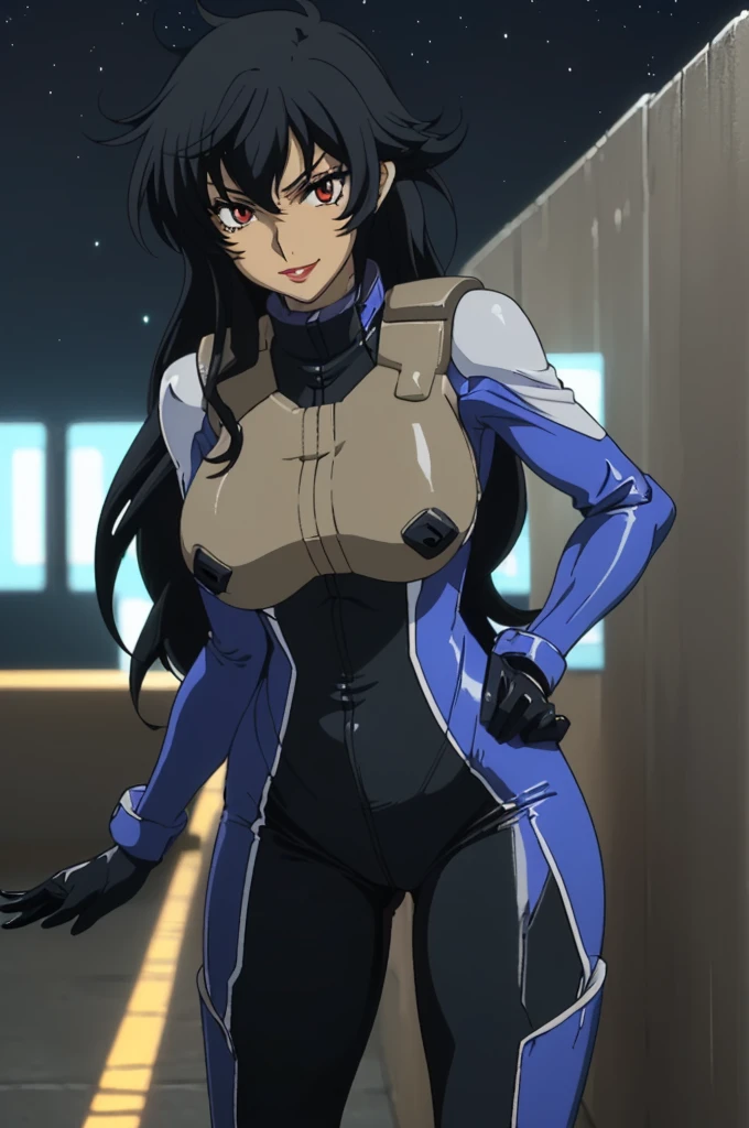 closed mouth, (), ((1girl)), ((((solo))), (((alone))), (((genderbend))), (((female))), wide hips, thick thighs, huge breast, narrow waist, ((porn movie)), ((sexy skin tight latex blue celestial being pilot suit)), ((anime artstyle)), long eyelashes, ((((long black hair)))), ((prostitute)), (((at night))), (red lipstick), (black eyeshadow), (in the dark), smiling.
